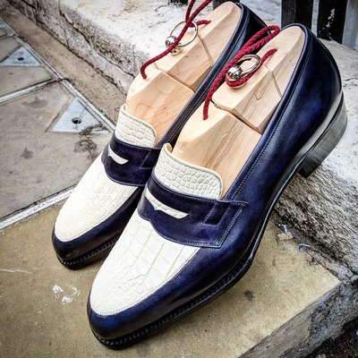Handmade Classic Blue / White Loafers Alligator/Crocodile Dress Shoes