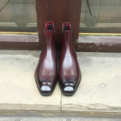 Handmade Men Burgundy Patina Leather Chelsea Boots