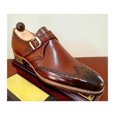 Handmade Brown Leather Wingtip Monk Strap Dress Shoes