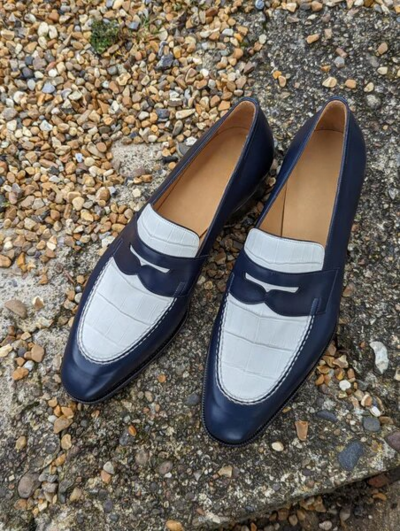 Handmade Blue Leather Crocodile Shoes, Men Classic White Alligator Moccasin Loafers Dress Shoes