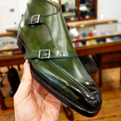 Classic Handmade Green Leather Double Monk Strap Ankle High Dress Boot