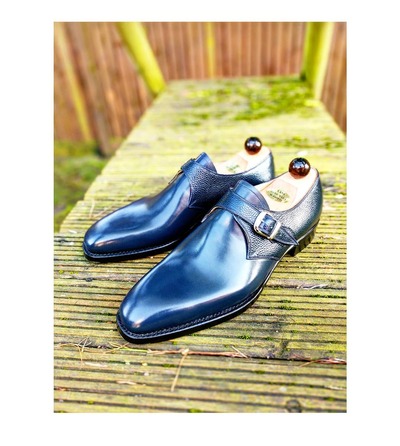 Handmade Men Blue Genuine Leather Monk Strap Dress Shoes