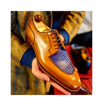 Tan Cognac Blue Crocodile Embossed Alligator Lace up Dress Shoes