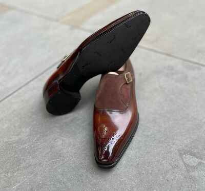 Brown Patina and Suede Single Monk Strap Loafers Dress Shoes