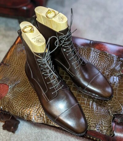 Handmade Dark Brown Leather Ankle High Lace up Boot