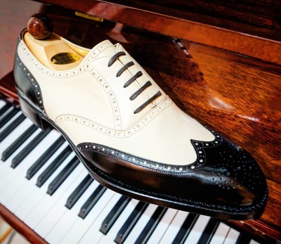 Black White Leather Wingtip Oxford Shoes, Lace up Dress Shoes