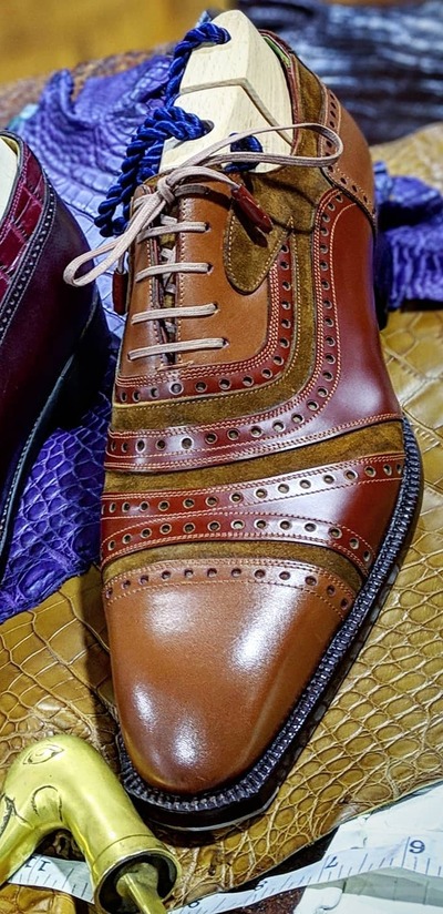 Bespoke Handmade Men Brown Suede and Red Leather Lace up Oxford Dress Shoes