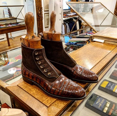 Handmade Men Two Tone Brown Crocodile and Suede Leather Ankle High Button Dress Boot