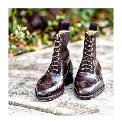 Handmade men two tone brown suede leather wingtip ankle high lace up dress boot - Thumbnail 2