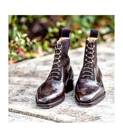 Handmade Men Two Tone Brown Suede Leather Wingtip Ankle High Lace up Dress Boot