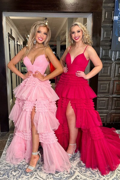 V Neck Tiered Tulle Long Pink Prom Dresses with Slit ,PD231201