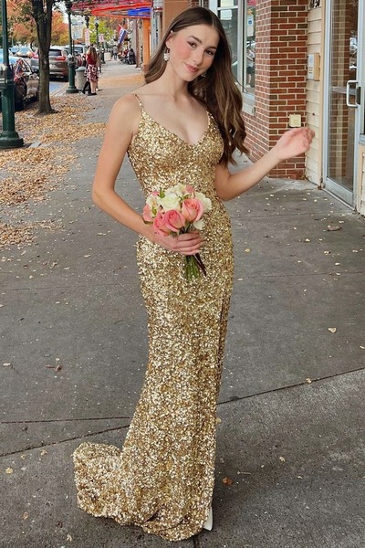 Mermaid Gold Sequin V-Neck Backless Long Formal Dress,PD231204
