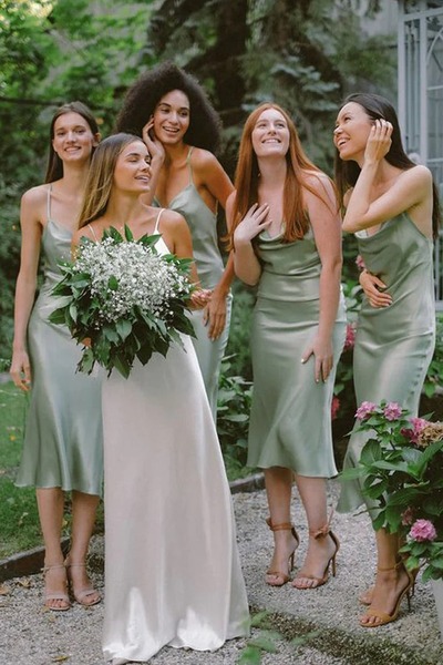 Charming Tea Length Sheath Cowl Neck Sage Green Silk Satin Bridesmaid Dresses ,PD231210