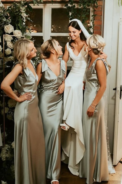 Fashion Sheath Sage Green Silk Satin Long V Neck Bridesmaid Dress,PD231214