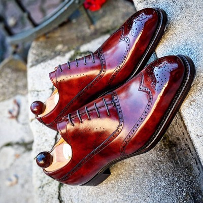 Handmade Men Burgundy Patina Leather Wingtip Oxford Dress Shoes