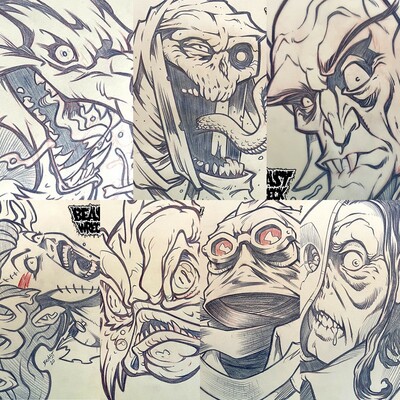 MONSTER HEADS pencil art pieces