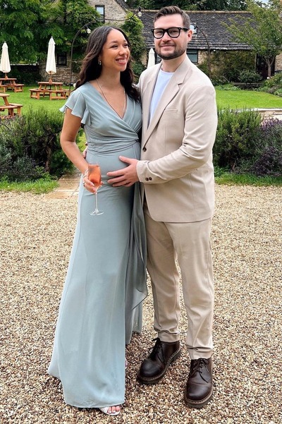 Chic A Line Chiffon Slit Dusty Blue Bridesmaid Dress with Flared Sleeves,PD231219