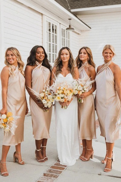 Sheath Champagne Halter Neck Silk Satin Long Bridesmaid Dress ,PD231225