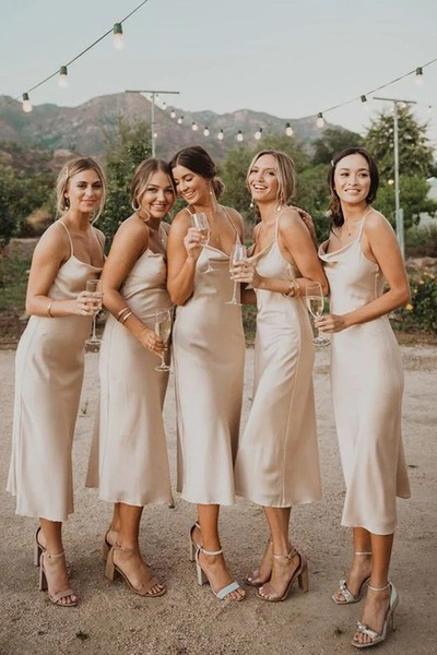 Sheath Champagne Cowl Neck Silk Satin Long Bridesmaid Dress ,PD231226