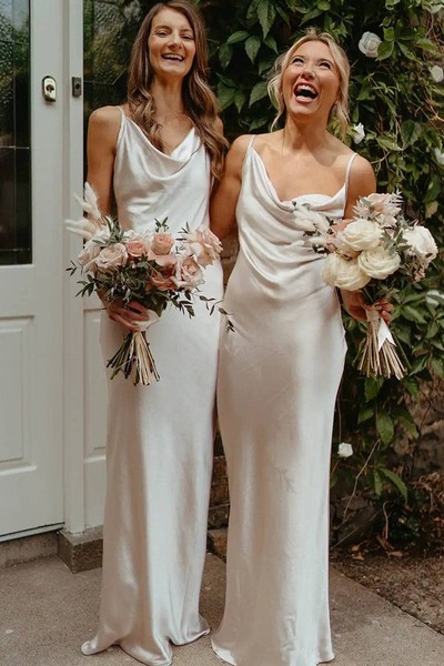 Sheath Ivory Cowl Neck Silk Satin Long Bridesmaid Dress ,PD231227