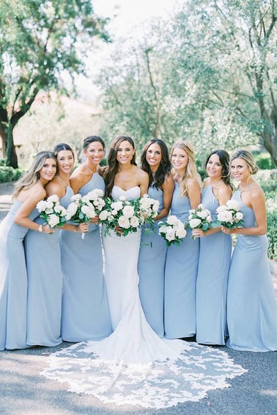 Elegant Blue Sheath Straps Chiffon Long Bridesmaid Dresses ,PD231230