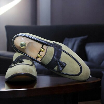 Men's Handmade Beige Leather Suede Casual Shoes