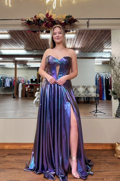 Fashion Sweetheart Keyhole Metallic Satin Pleat A Line Prom Dress with Slit,PD231235