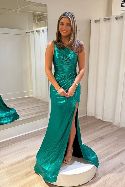 Charming One Shoulder Green Metallic Satin Mermaid Prom Dress with Slit,PD231238