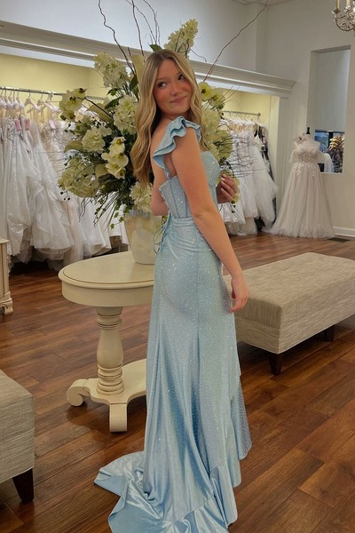 Cute Light Blue Sheath Straps Beading Satin Long Prom Dress with Slit ,PD231246