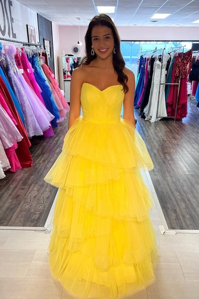 Cute Yellow Ball Gown Strapless Tulle Tiered Prom Dresses ,PD231247