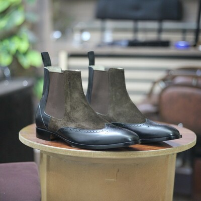 Ankle High Handmade Brown Black Leather Suede Fashion Boot