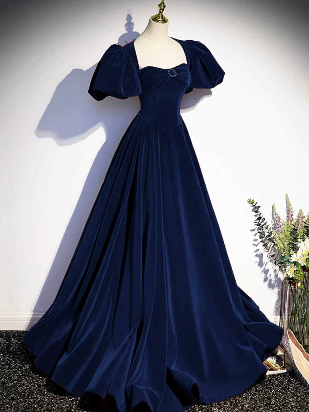 Blue Velvet Floor Length Prom Dress, A-Line Open Back Evening Dress with Pearls