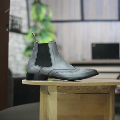 Men's Ankle High Grey Leather Chelsea Wing Tip Boot