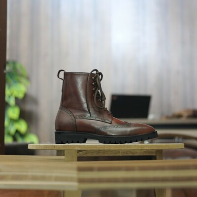 Handmade Ankle High Men's Brown Leather Wing Tip Boot