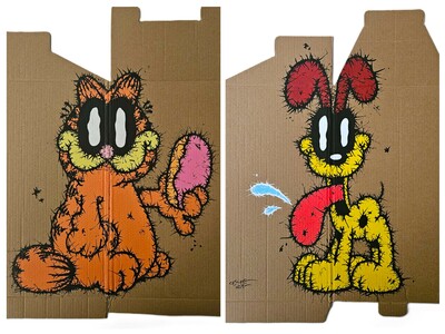 📺 Diptych Paintings by Celipe Perroloco "Orange Cat & Happy Dog"