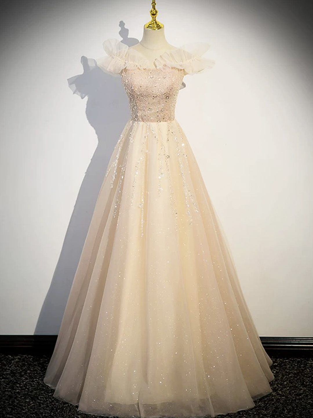 Champagne Tulle Sequins Long Prom Party Dress