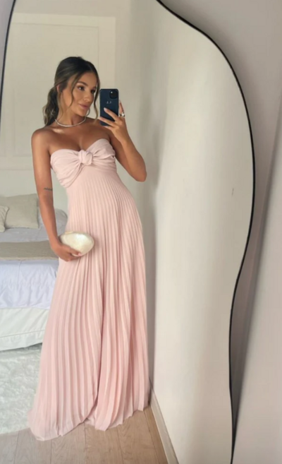 A Line Strapless Light Pink Chiffon Long Evening Dress With Ruffles