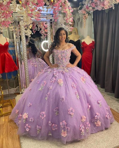 Elegant Lilac Ball Gown Sweet 16 Dress Quinceanera Dress With 3D Flowers