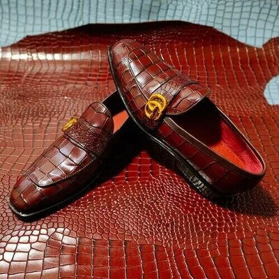 Crafted leather classic men crocodile/alligator leather moccasin loafers dress shoes - Thumbnail 5