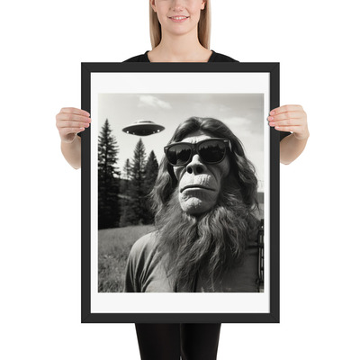 Funny Sasquatch Bigfoot with UFO Framed poster