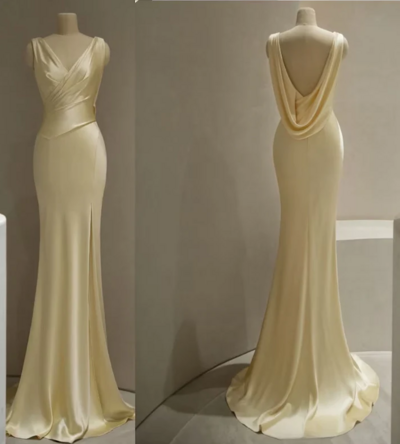 Mermaid Pastel Yellow Satin Backless Prom Dress