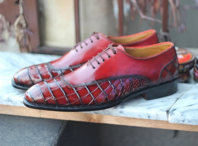 Crafted Leather Men's Red Calf Crocodile/Alligator Leather Lace up Dress Shoes