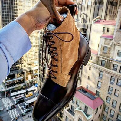 Handmade men black calf suede leather ankle high lace up boot - Thumbnail 2