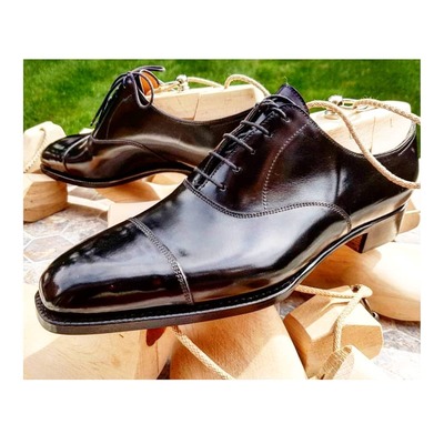Handmade Men Black Calf Oxford Lace up Dress Shoes