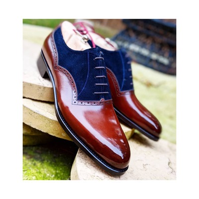 Handmade Men Brown Blue Suede Oxford Lace up Dress Shoes