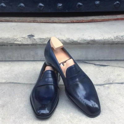 Blue leather moccasin loafers formal dress shoes for men - Thumbnail 3