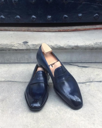 Blue Leather Moccasin Loafers Formal Dress Shoes For Men