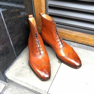Handmade men tan leather ankle high wingtip dress boot - Thumbnail 3