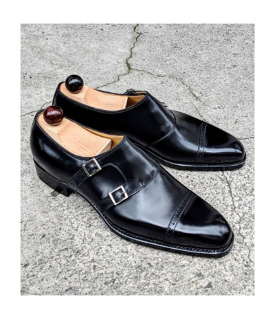 Handmade Men Black Leather Monk Strap Dress Shoes