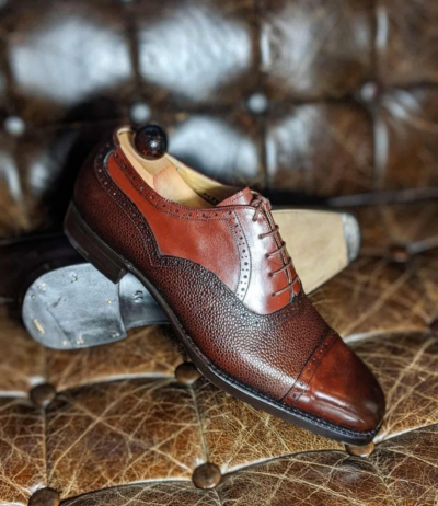 Handmade Men Classic Brown Grain Leather Oxford Lace up Dress Shoes